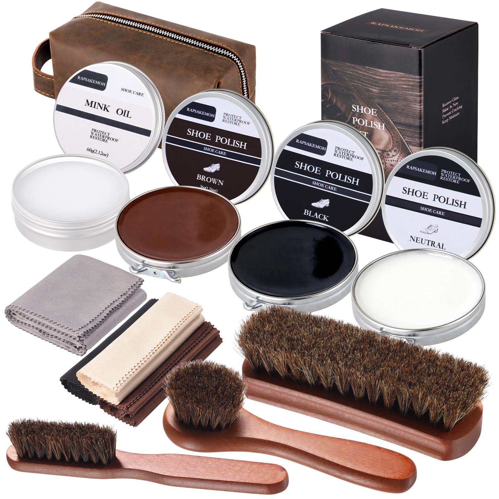 RAPSAKEMOH 12-Piece Men's Shoe Polish Kit, Horsehair Brush, Boots Care - Brown