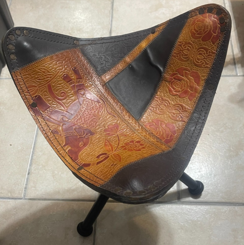 vintage 1990's Pier 1 Imports leather patchwork tripod stool
