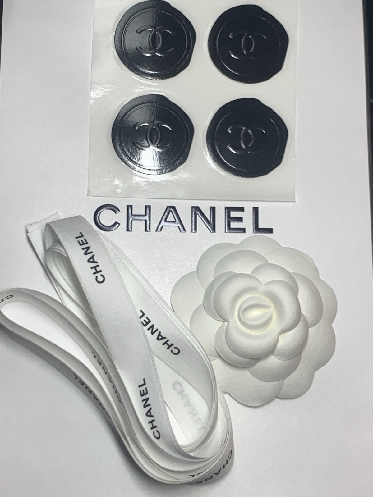 Set of 3 (1) CHANEL Camellia Flower Sticker+(4)Chanel Seal Sticker+2 Yard Ribbon