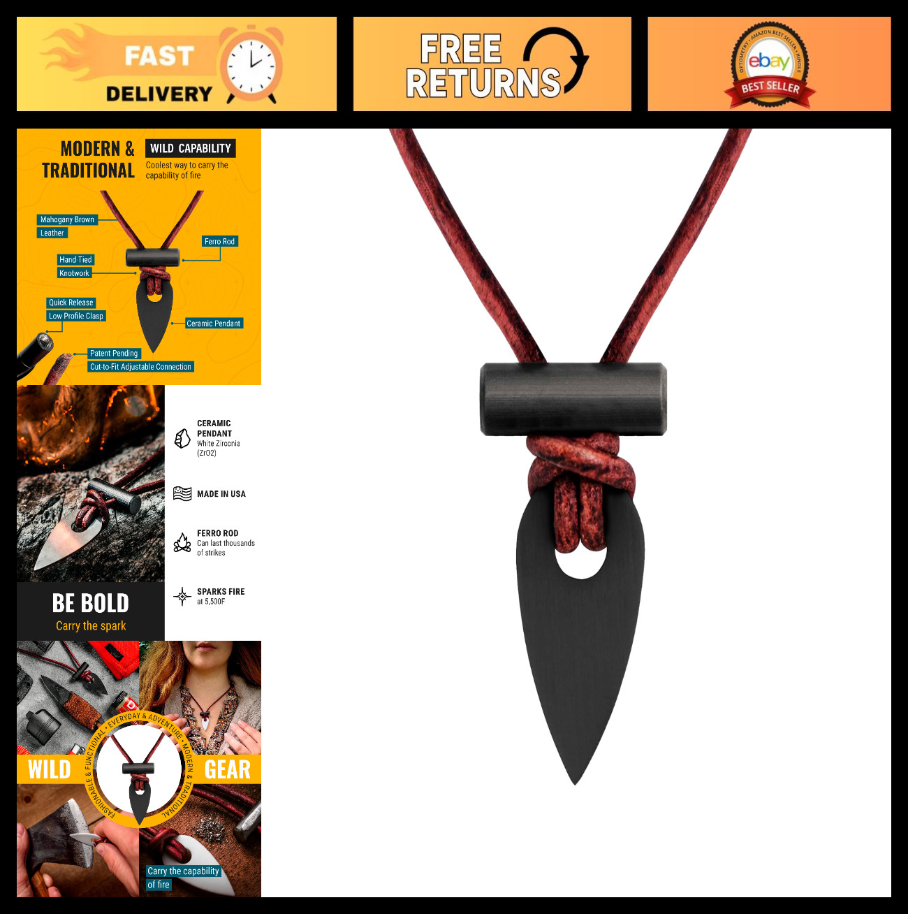 Functional Fire Starter Necklace - Zirconia & Ferrocerium Pendant Tool, Leather