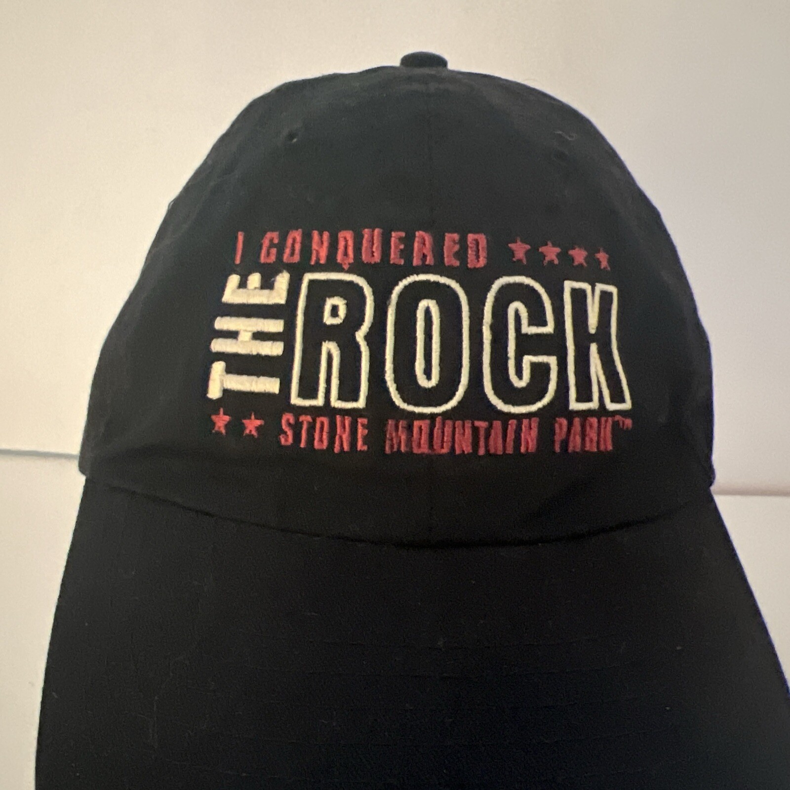 I Conquered THE ROCK Stone Mountain Park Hat Cap Black Hat Red White Hook Loop