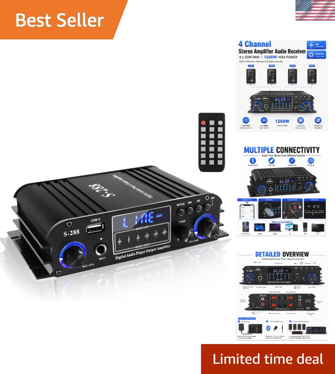 High-Power 4-Channel Bluetooth Amplifier for Immersive Home Theater Experience