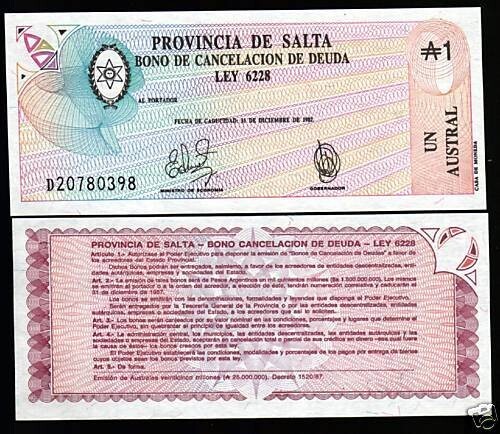 Argentina 1 AUSTRAL P-S2612 1987 SALTA Provisional Currency Argentinian NOTE