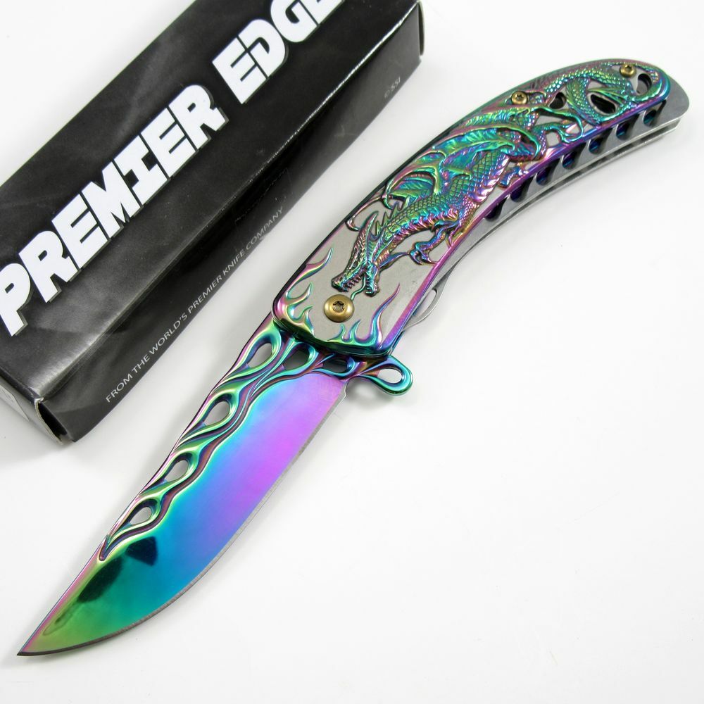 SPRING-ASSIST FOLDING KNIFE Stainless Steel Rainbow Dragon Blade Fantasy EDC