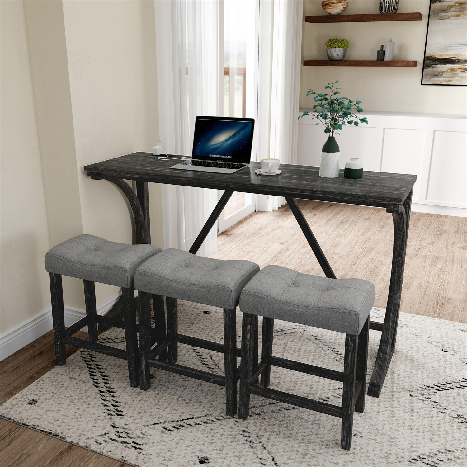 4 Piece Bar Table Set Counter Height Kitchen Dining Table w/ 3 Bar Stools US