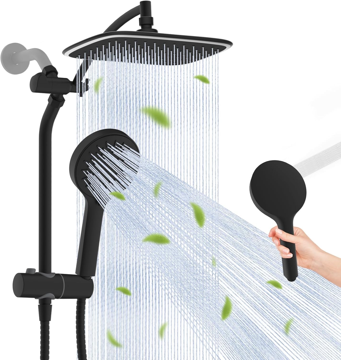 10" Black Rain Shower Head with Handheld, High Pressure Boosting Rainfall