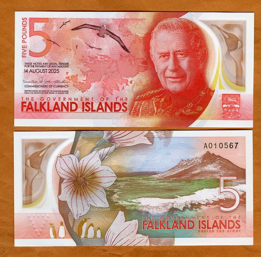 Falkland Islands, 5 pounds, 2025 P-W20, King Charles, UNC POLYMER