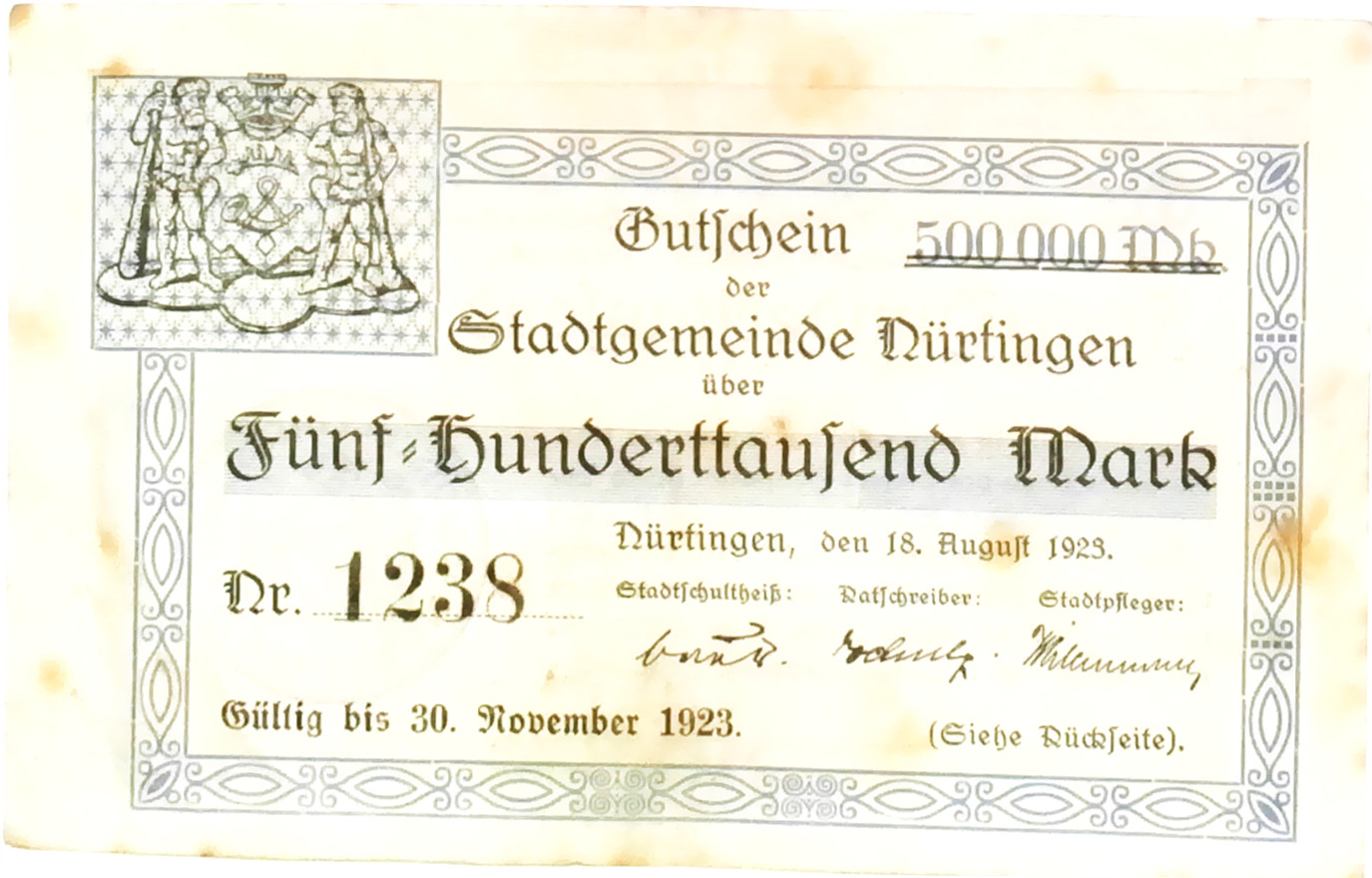 1923 Germany NURTINGEN 500.000 Mark Banknote