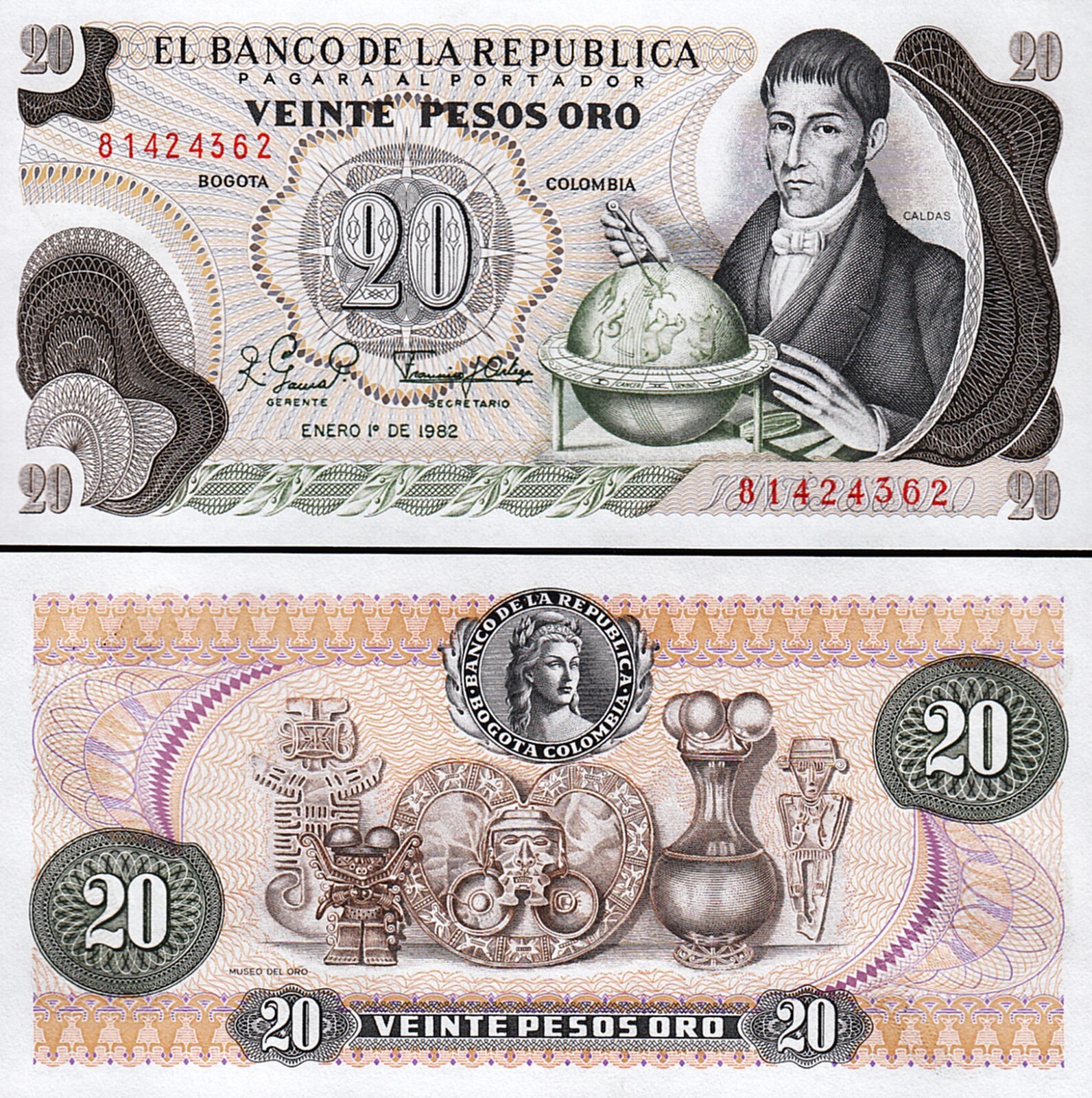 Colombia 20 Pesos 1982, UNC,  P-409d