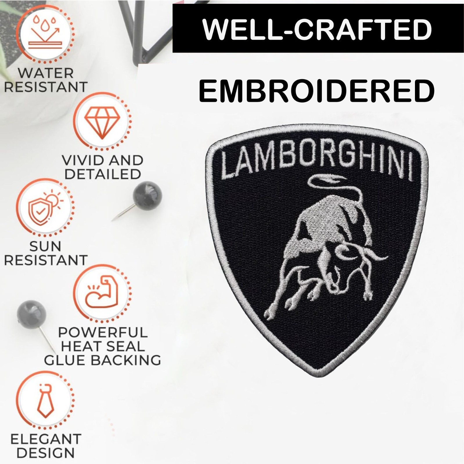 Pack of 2 Lamborghini Iron On Patch - Sew Patch - Crest Embroidered Patch