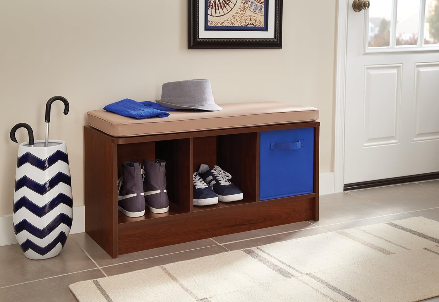 Functional 3-Cube Storage Bench in Dark Cherry with Tan Cushion - Easy Assembly