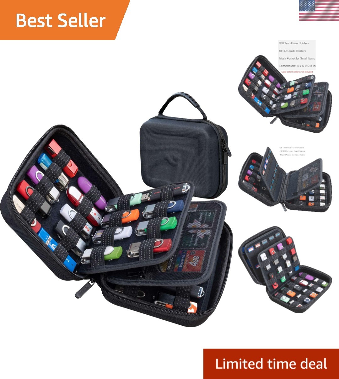 USB and SD Card Storage Holder with Mesh Pocket - Large Capacity
