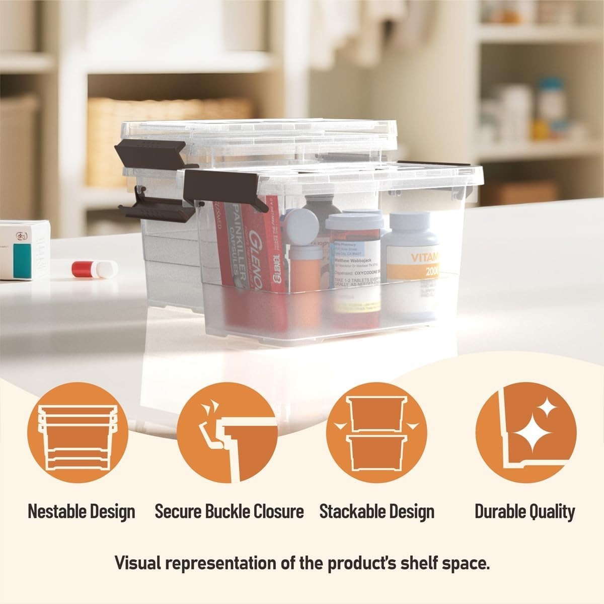 8 Pack Stackable Clear Plastic Storage Bins, 4 Quart Latch Boxes with Handles