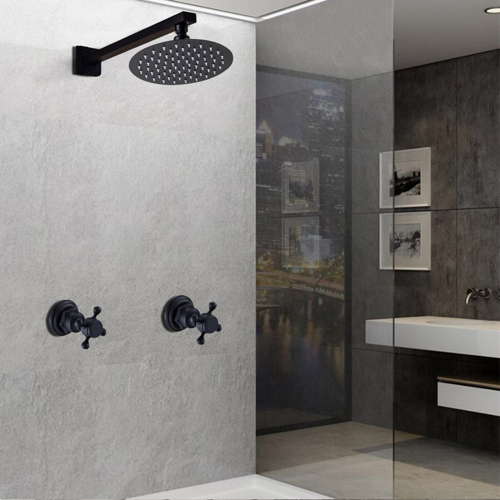 Shower Faucet Set Rainfall Shower Head Combo System Wall Mount w/Mixer Valve Kit