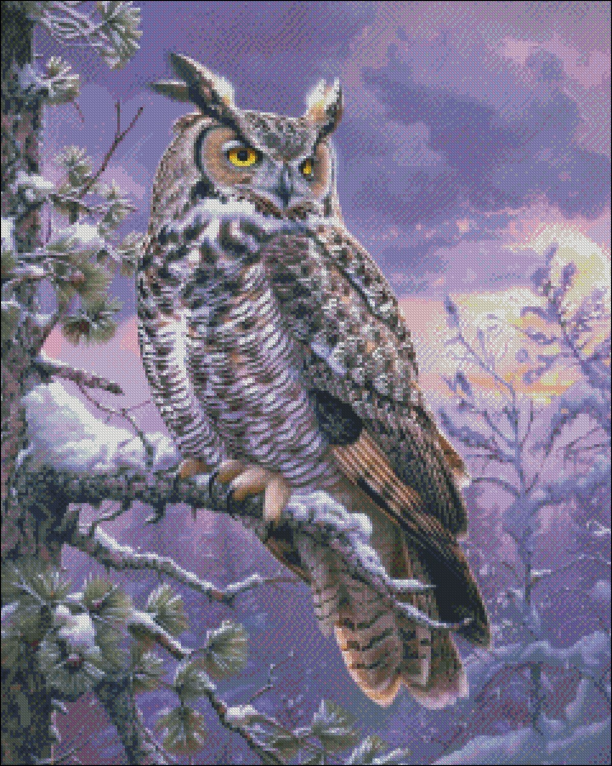 Great Horned Owl perched in Tree 1 - Counted Cross Stitch Patterns Needlework