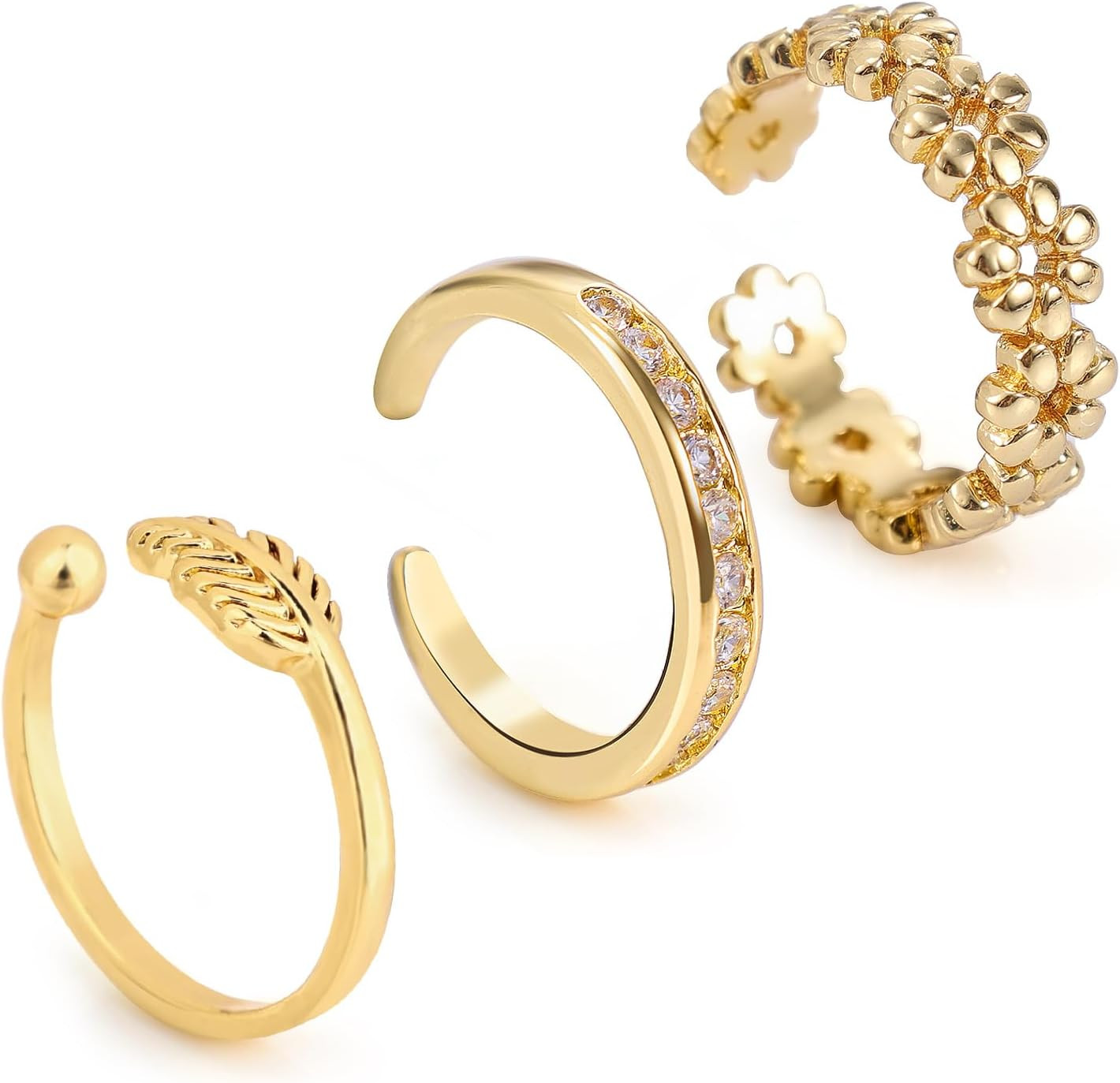 3Pcs Toe Rings, 3 Styles Gold CZ Open Toe Ring for Women Dainty Adjustable Foot