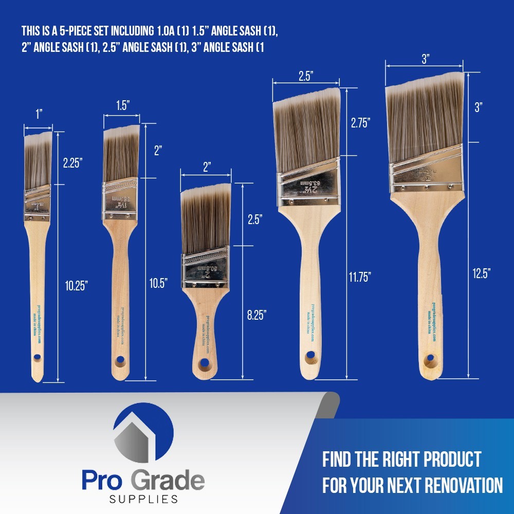 Pro Grade - Paint Brushes - 5 Pack Variety Angle Paint Brushes