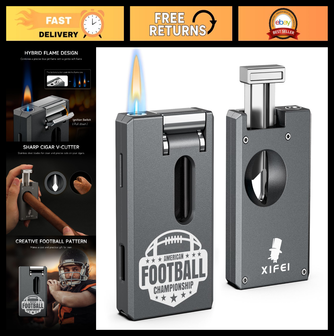 Adjustable Jet Flame Lighter with Cigar Cutter, Windproof Butane Torch, Football