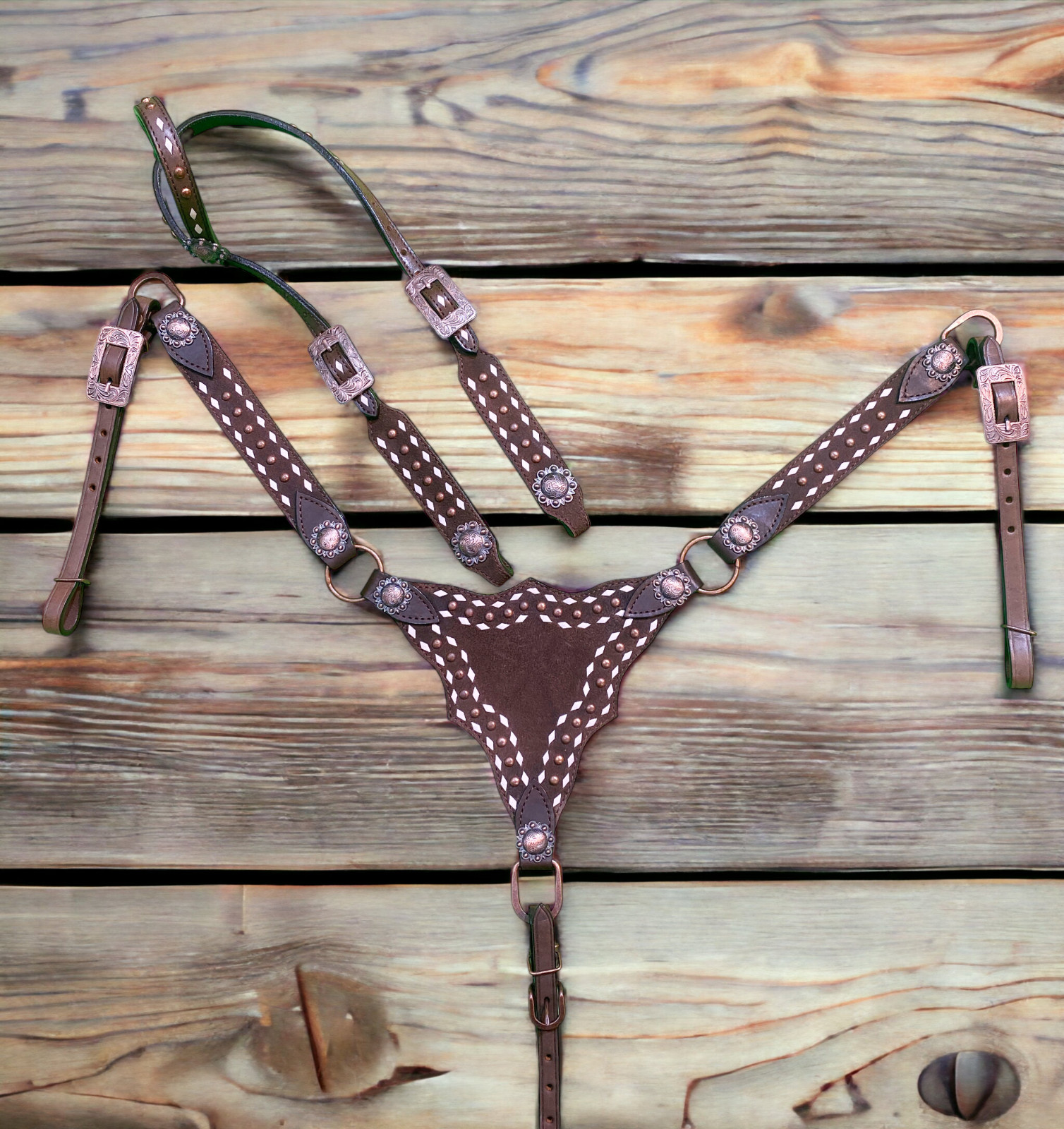 Genuine Western Headstall and Breast Collar Set with Copper Studs Décor MOUSM