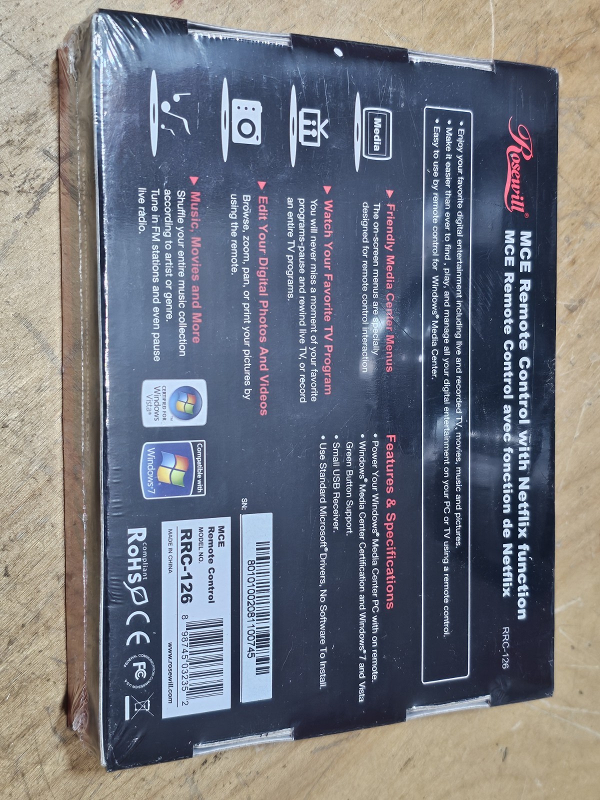 NEW ROSEWILL WINDOWS 7 MCE REMOTE CONTROL RRC-126 W/ NETFLIX FUNCTION