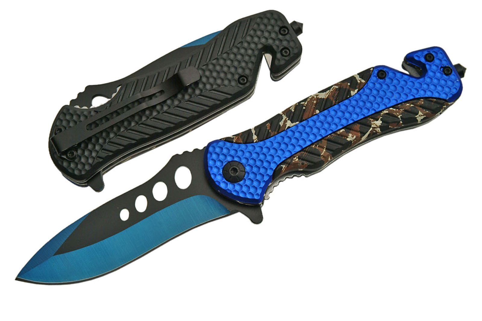 NEW Pocket Knife Spring-Assist Folding Blue Black Blade Camo Hunter Tactical EDC