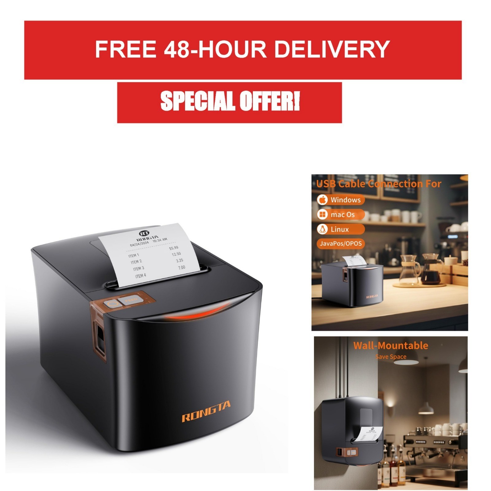 Rongta Thermal Receipt Printer 80mm High-Speed POS Printer with Auto Cutter
