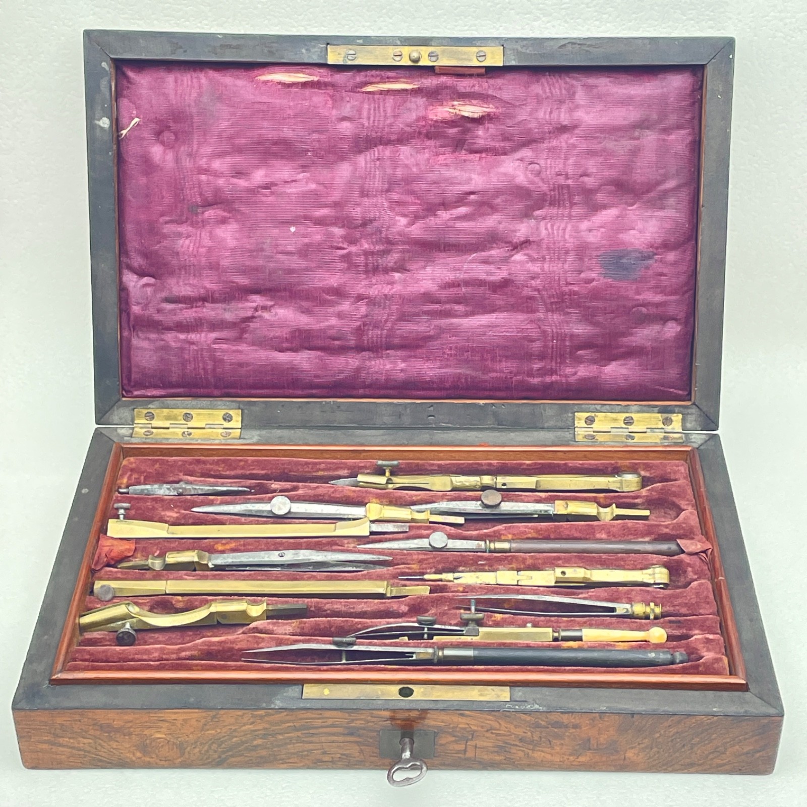 Antique Draughtsman's Drawing Instrument Set Brass Steel Walnut Box Compasses