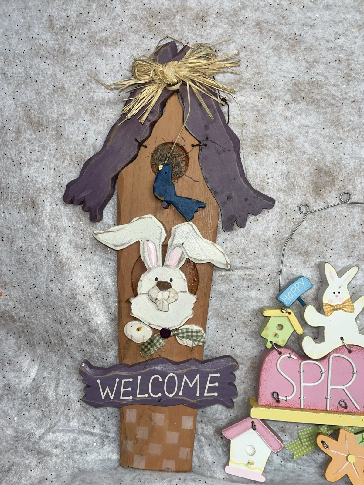 2 Easter/Spring Wall Hanging Decorations Wooden - Welcome Bunny & Spring Decor