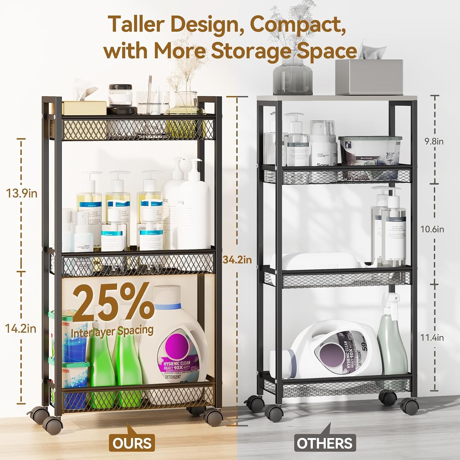 Slim 3-Tier Metal Rolling Cart, Black - Kitchen/Bath/Laundry Storage