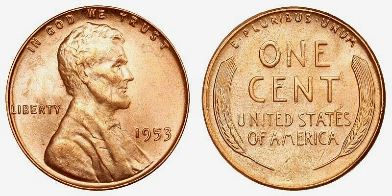 1953 P Red  GEM Brilliant Uncirculated  Lincoln Wheat Cent Penny