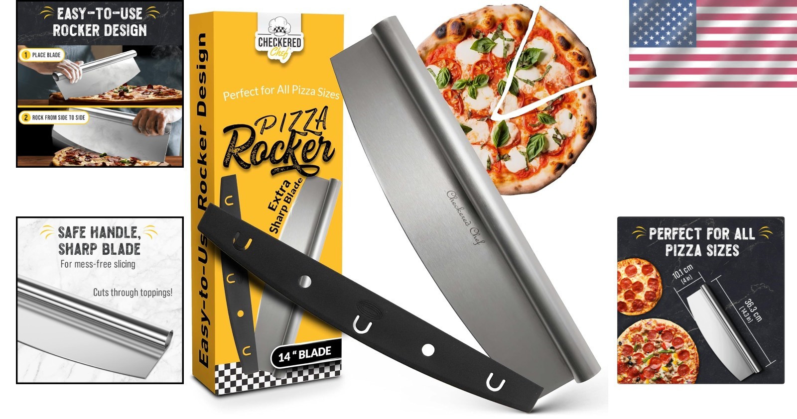 Multipurpose 14” Pizza Cutter Rocker - Includes Sheath & Machine Washable Design
