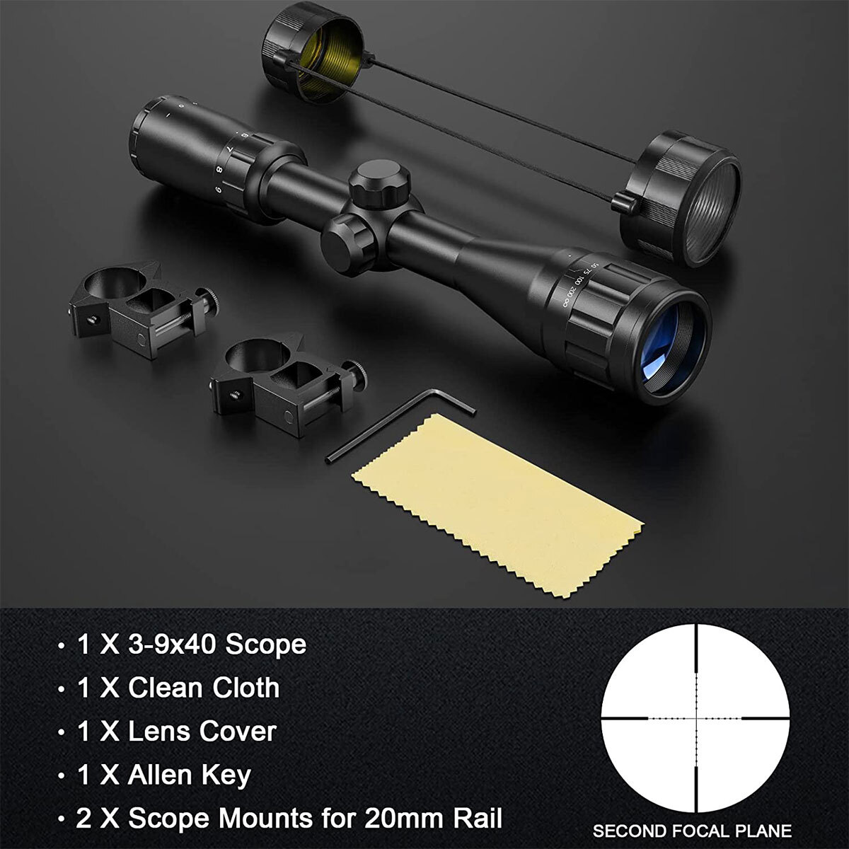 3-9x40AO Rifle Scope Crosshair Reticle Optics Air Gun Scope 20mm Mounts Included