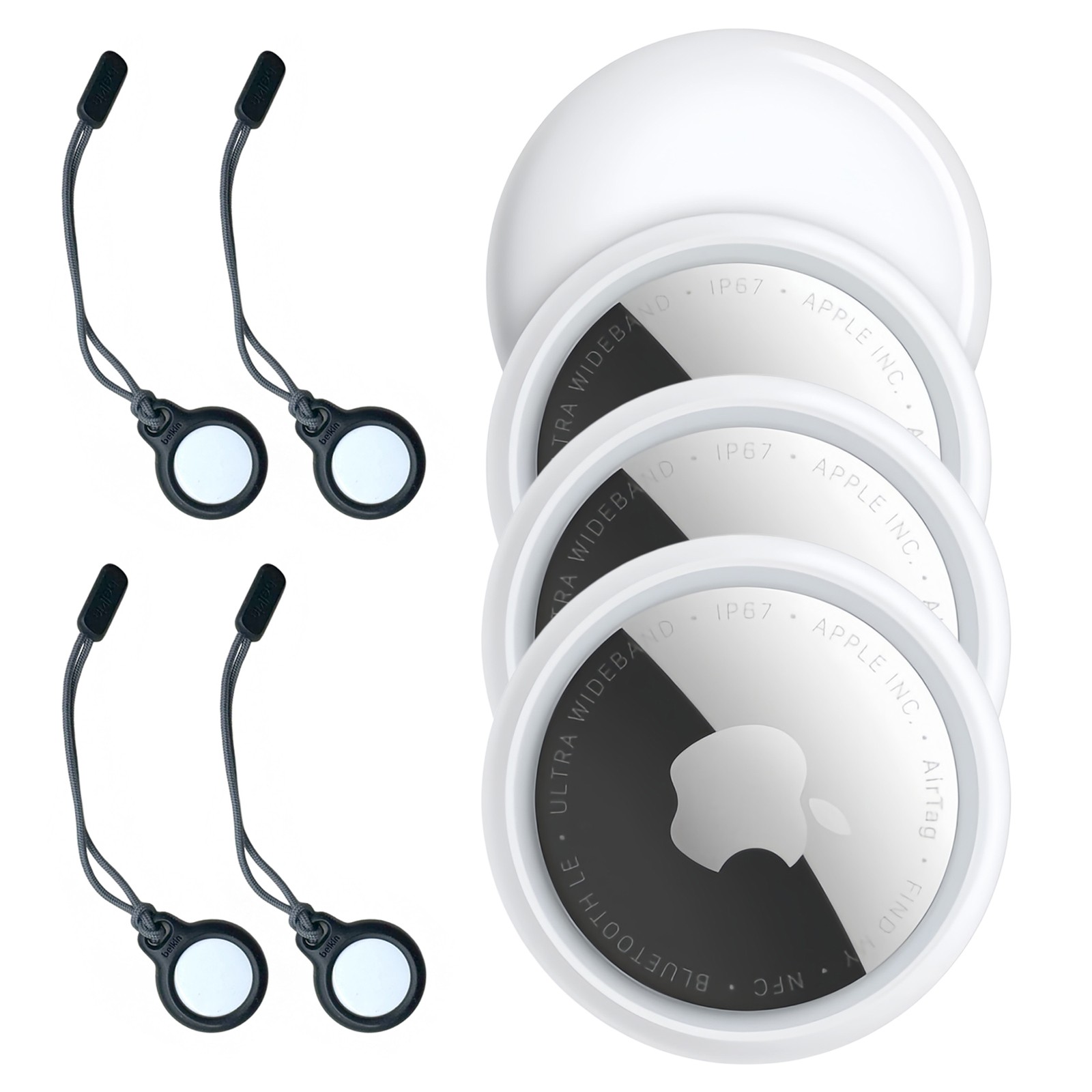 4 Pack Original Apple AirTag with Belkin Hanging Rope Case for iPhone & iPAD