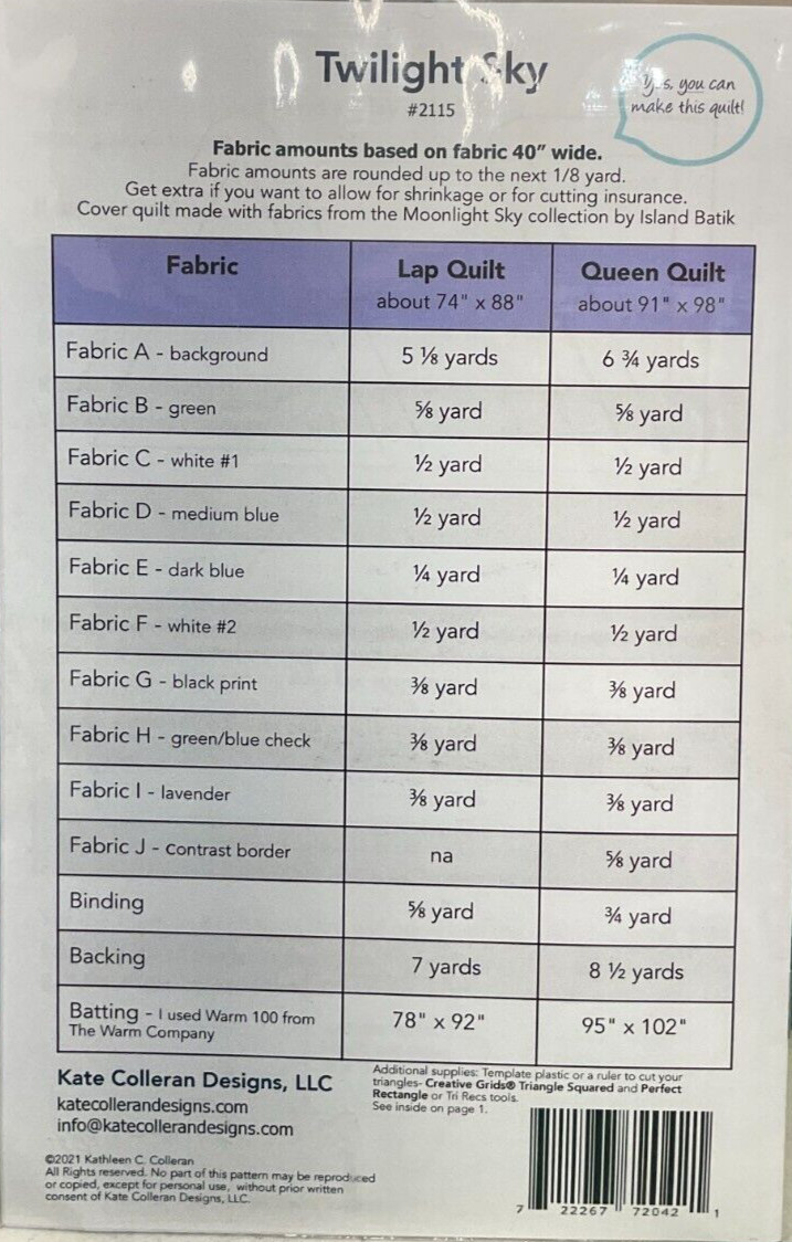 KATE COLLERAN DESIGNS #KCD-2115 - TWILIGHT SKY - LAP & QUEEN QUILT