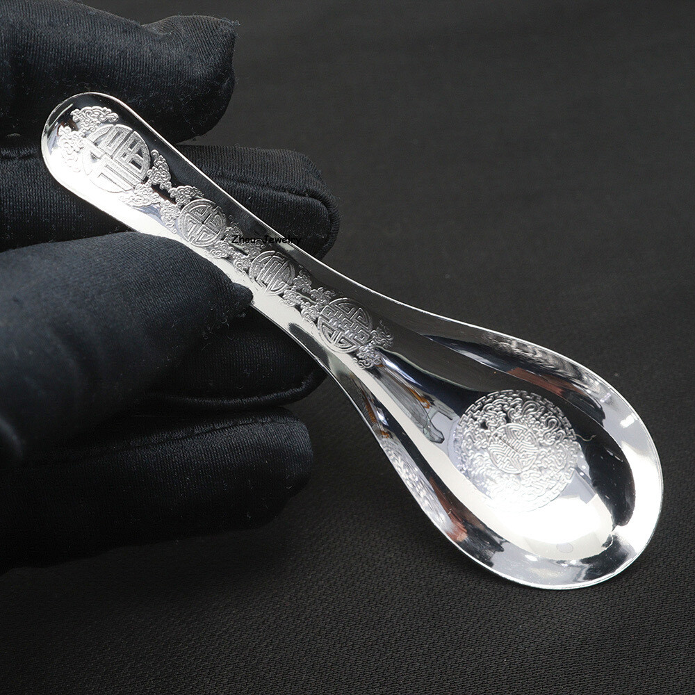 Solid S999 Fine Silver 999 Fu Figure Spoon Dinnerware 14-15g 104*32mm