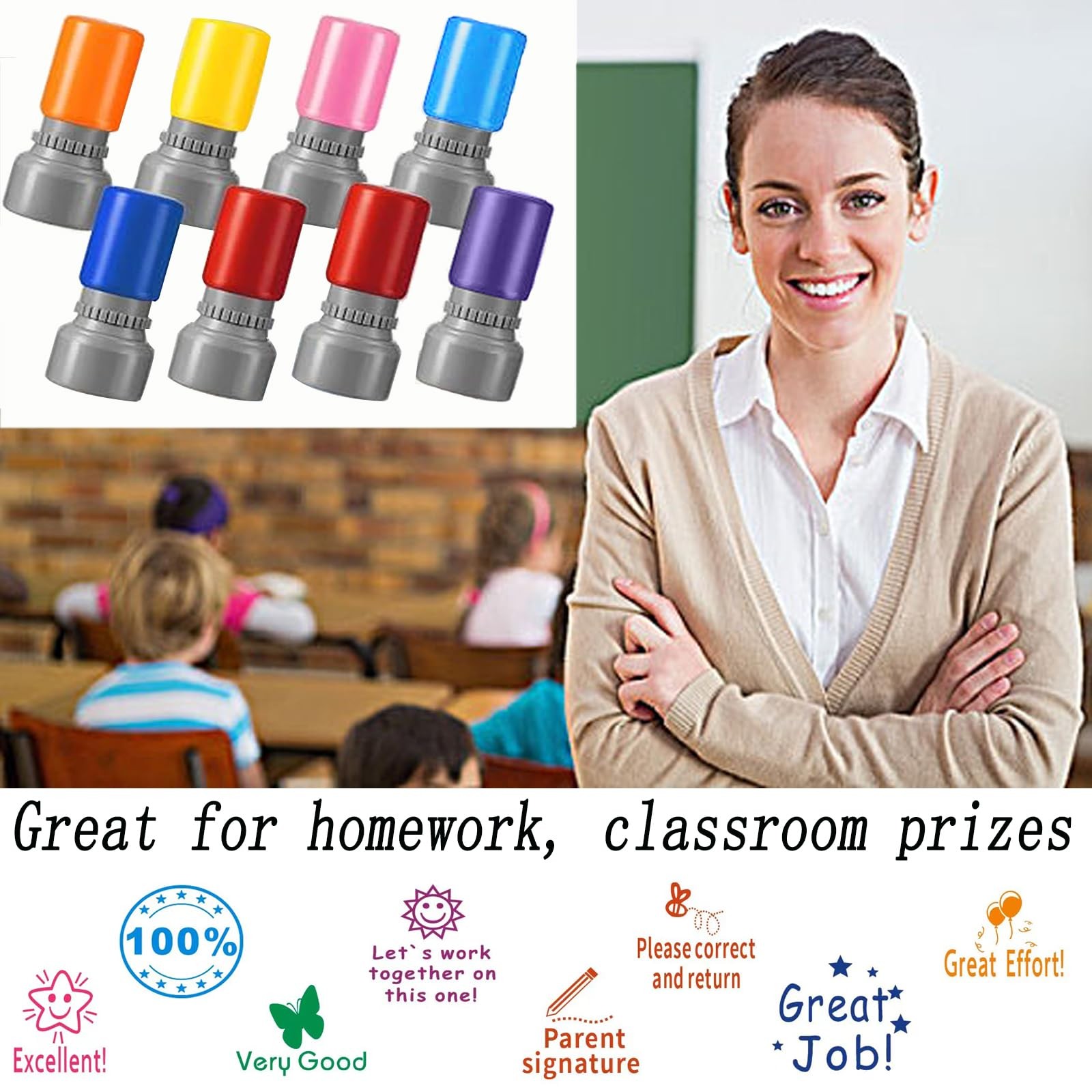 8 PCS Teacher Stamps Set For Classroom Self Inking Rubber Grading Homework