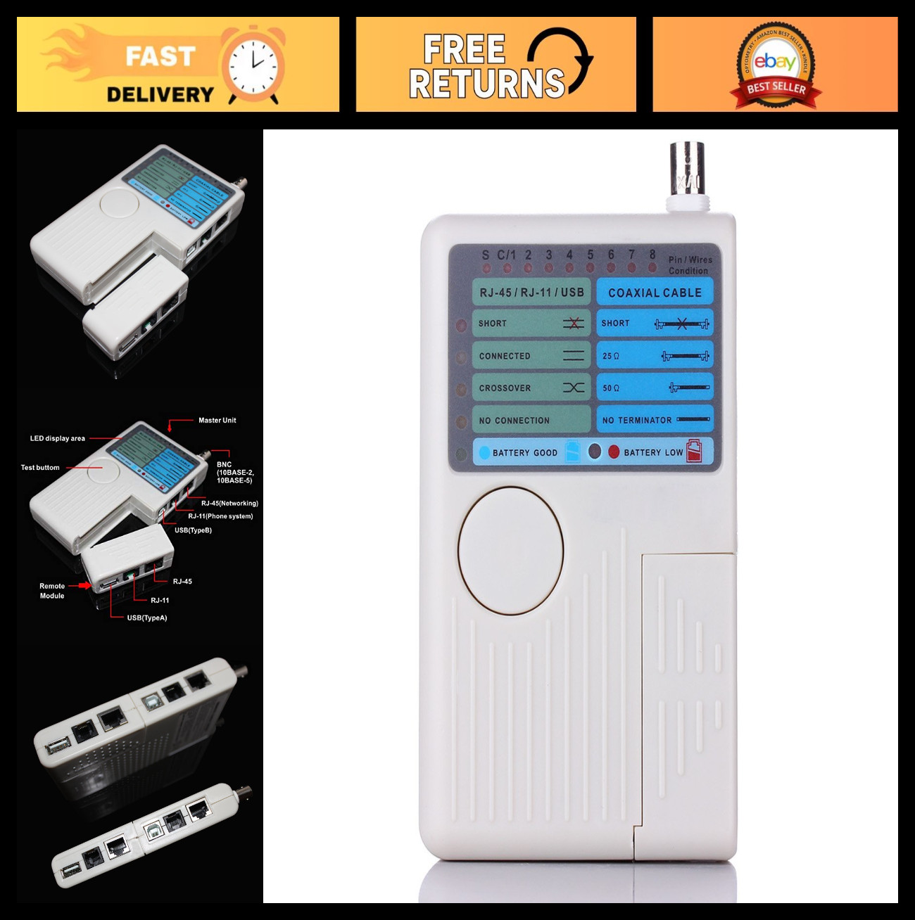 4-in-1 Network Cable Tester for RJ11 RJ45 USB BNC - Multi-Functional Wire Tester