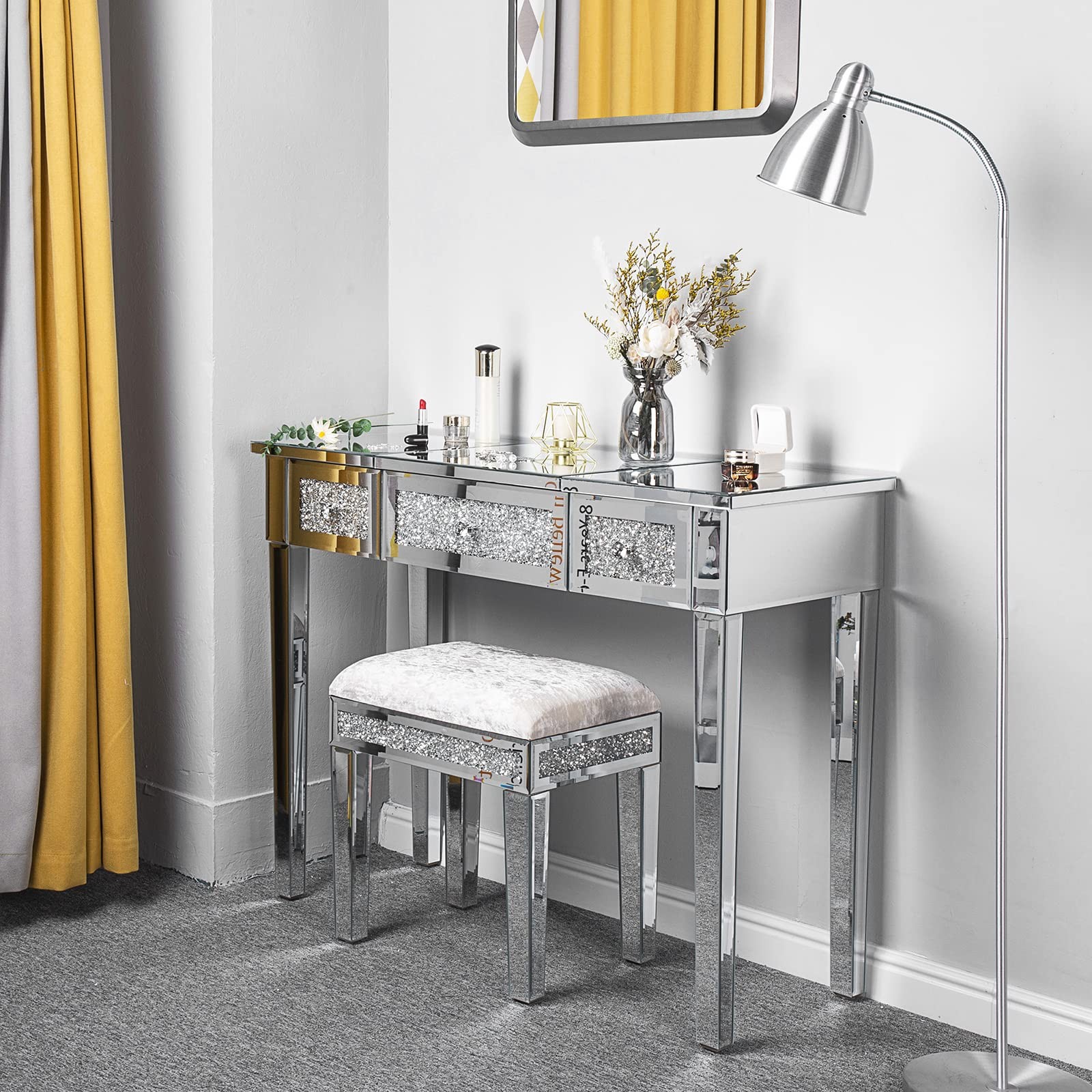 Mirrored Vanity Stool w/ Storage, Upholstered Velvet Ottoman, Makeup Table Bench