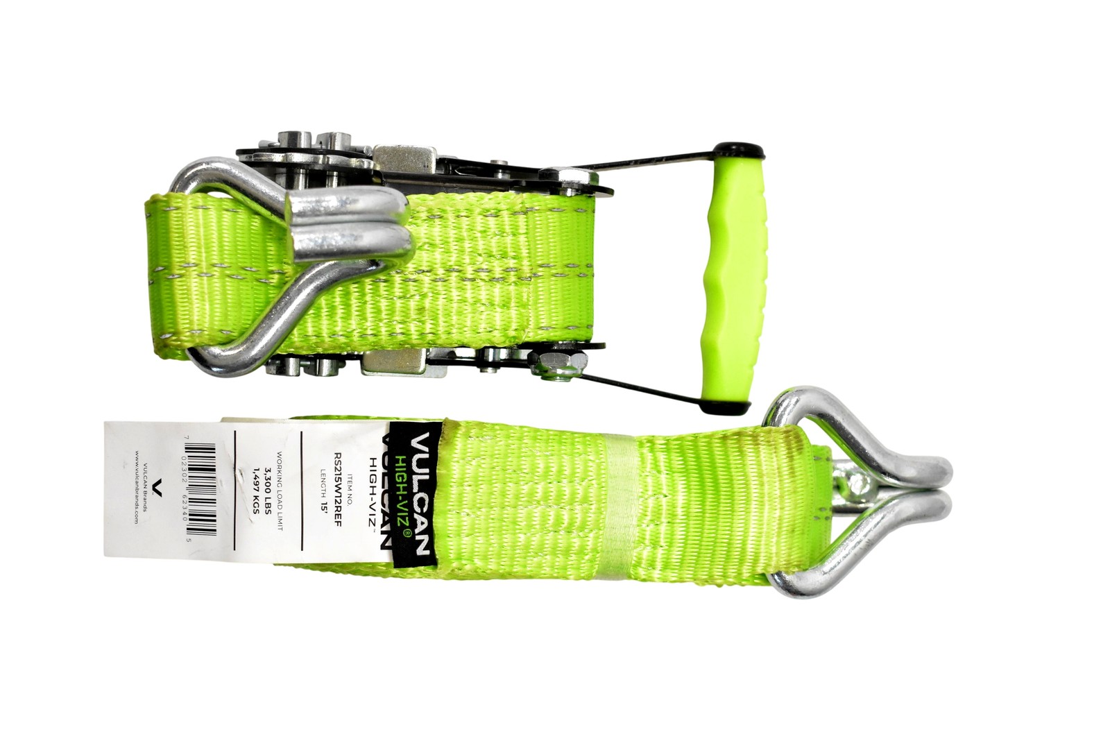 Vulcan High-Viz Ratchet Tie Down Strap 2in X 15ft WLL 3300 Lb Green RS215W12REF