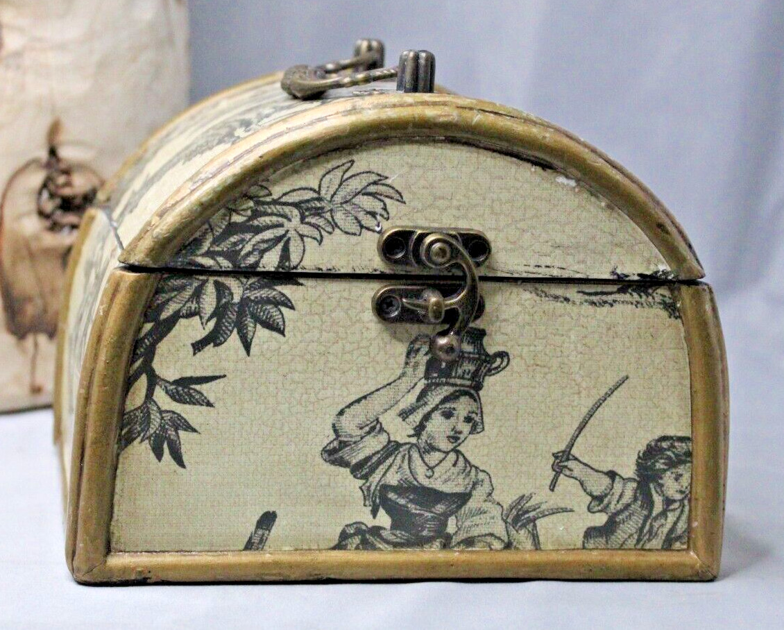 Wooden Trinket Box Hinged Top and Latch Handle on Top Village Scene Goat
