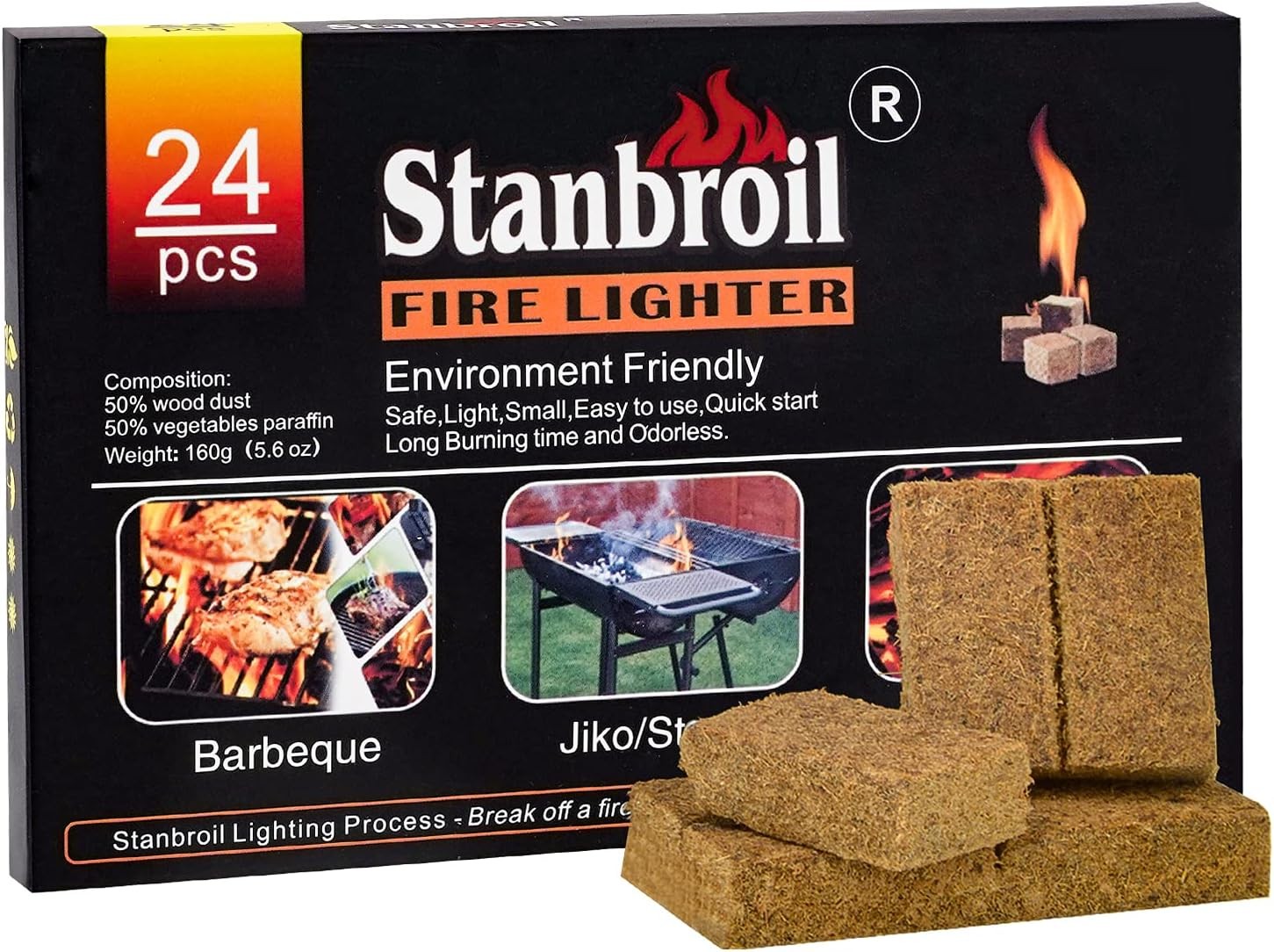 “Stanbroil 24pcs Natural Charcoal Fire Starters Fast Lighting for BBQ Campfire
