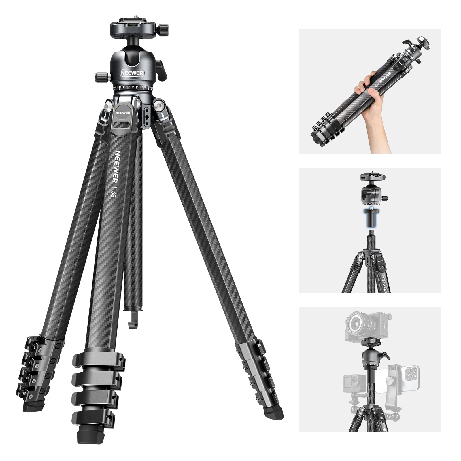 NEEWER LT38 61" Travel Tripod Carbon Fiber 360° Pan Tilt Low Profile Ball Head