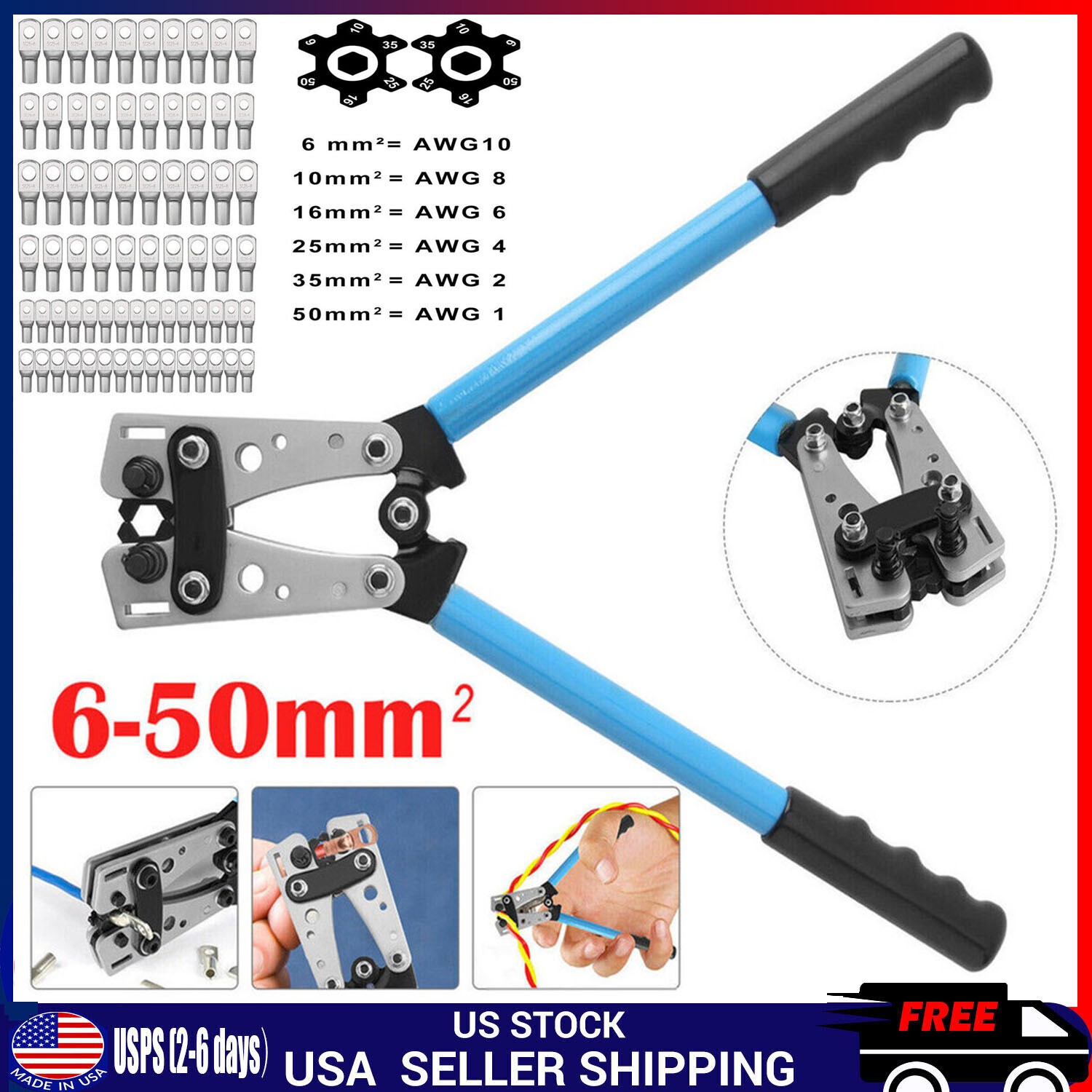 6-50mm² Plug Crimp Crimping Tool Wire Crimper Battery Cable Lug Cutter Electric