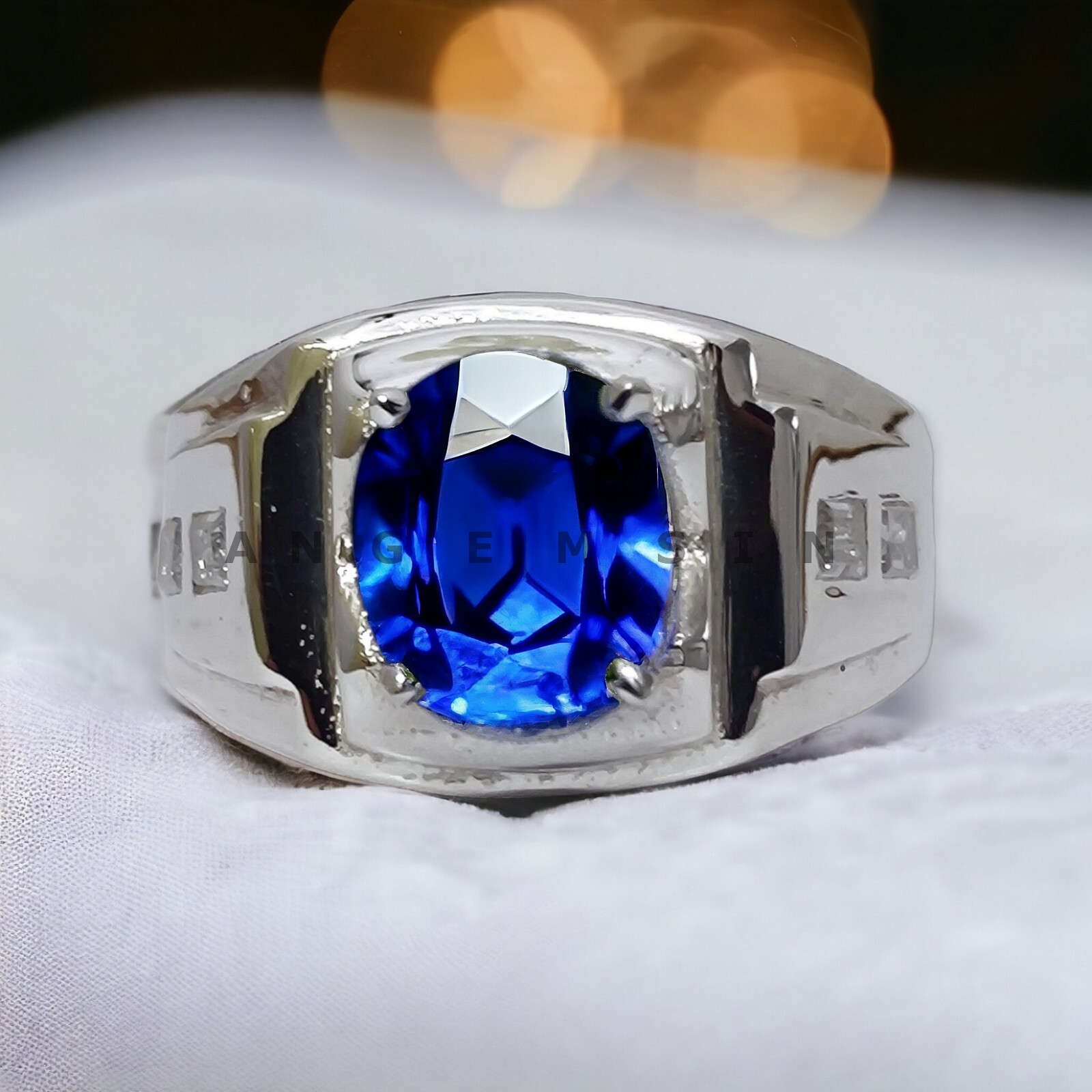 Natural Blue Sapphire Gemstone With 925 Sterling Silver Ring For Men's #AL423