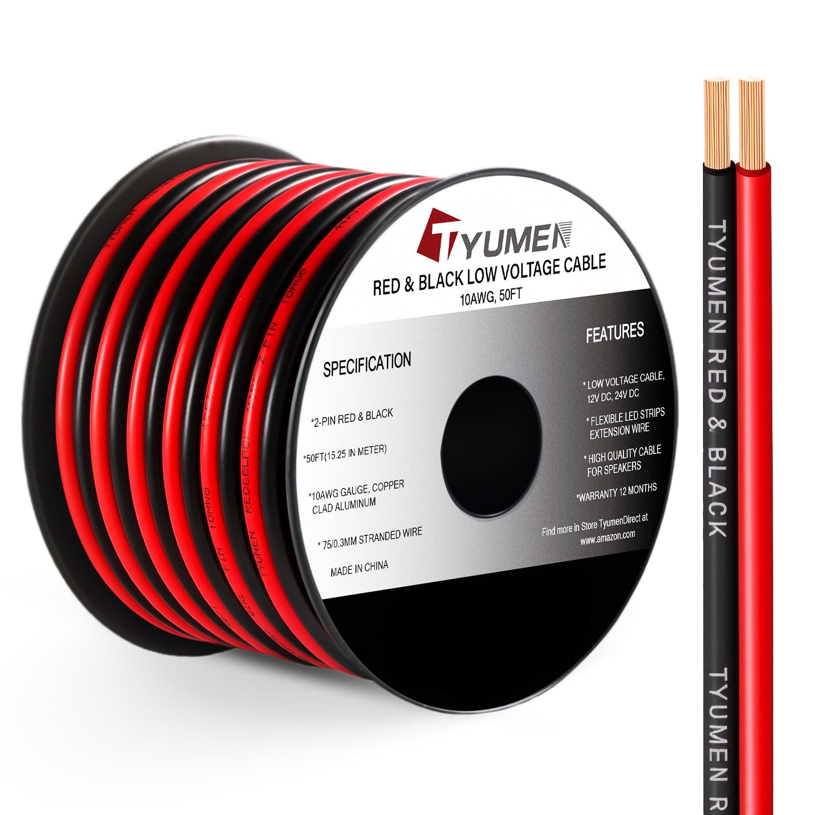 TYUMEN 10 Gauge Wire 50FT, 10AWG Red Black Electrical 50 Feet, &