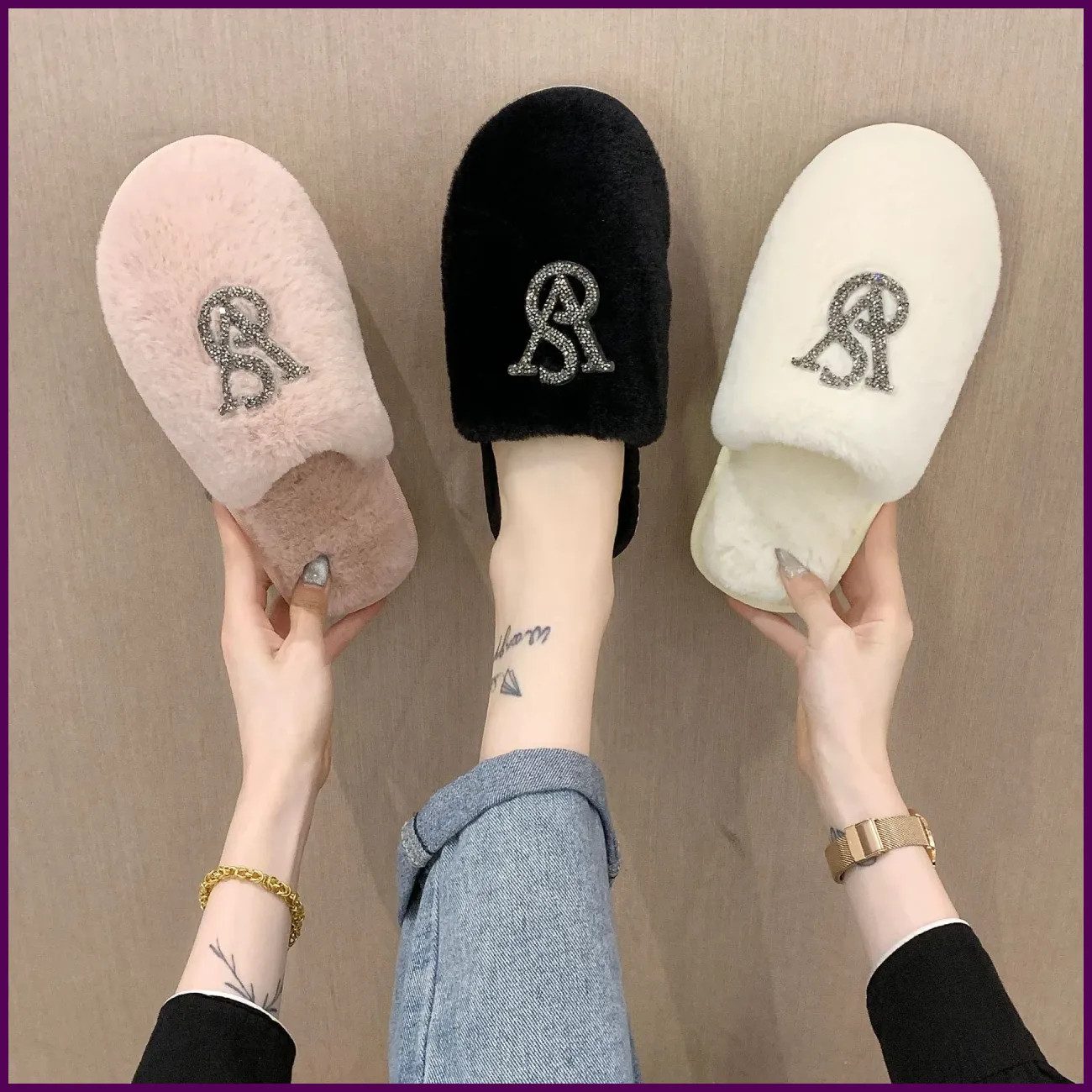Women's Diamond-encrusted Decorative Indoor Fur Slippers 2026 Winter Fashion