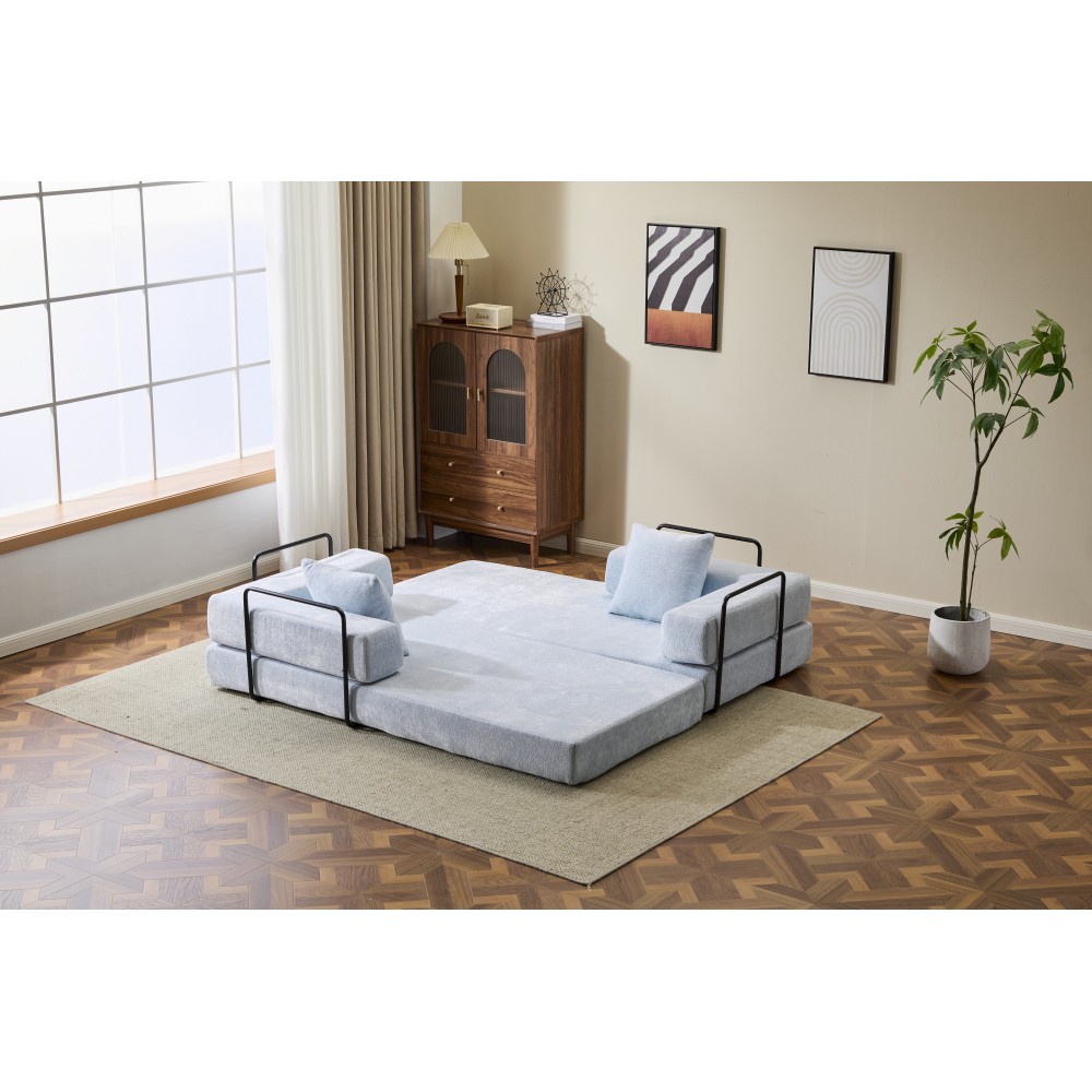 Convertible Floor Sofa Bed, 3 Seat Folding Futon w/ Pillow, Chenille, Light-Blue