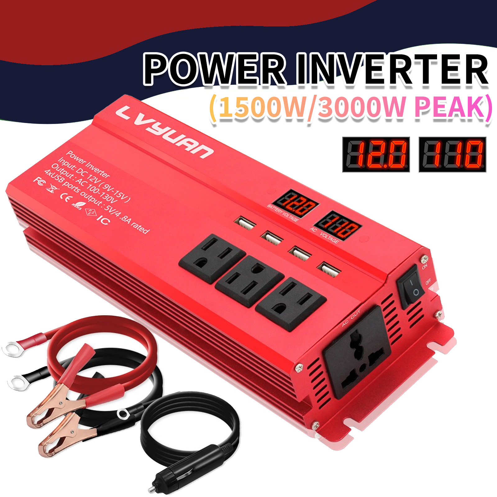 1500W Power Inverter 12V DC to 110V 120V Converter with 4 AC Outlets,4 USB Ports