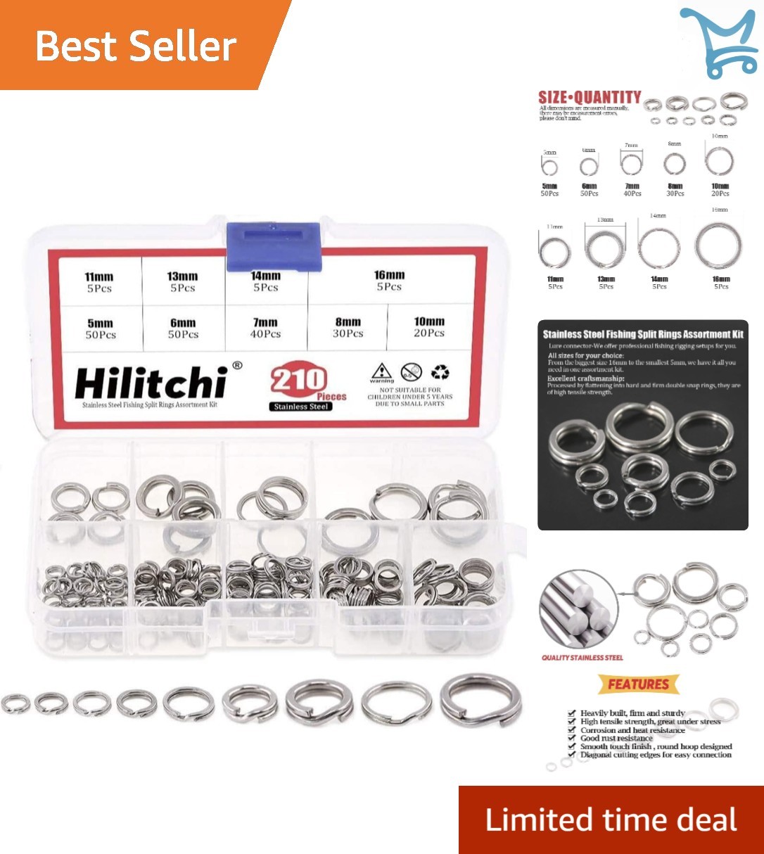 210Pcs Stainless Steel Fishing Split Rings Assorted Sizes Heavy Duty Tackle