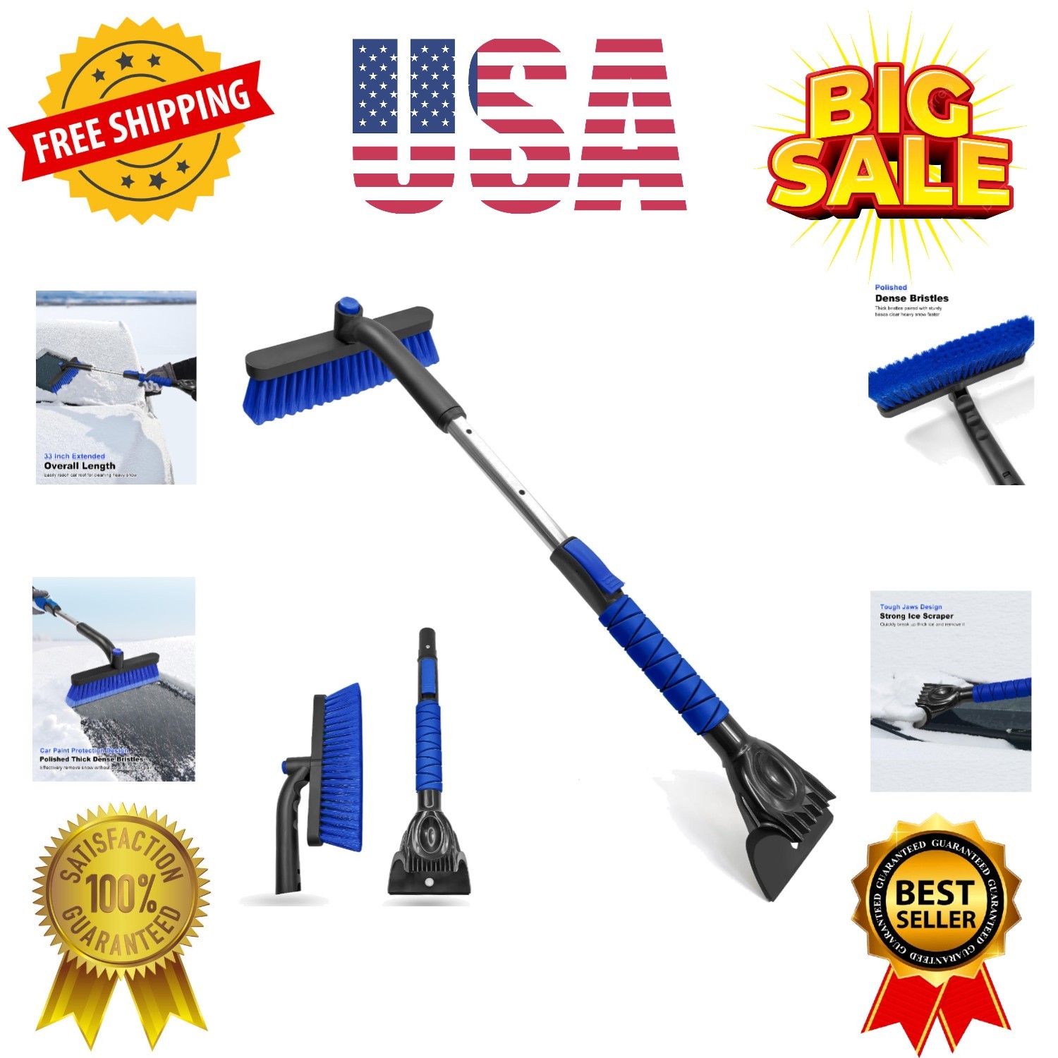 33 Inch Snow Brush and Ice Scraper for Car Windshield, Extendable Snow Scrape...
